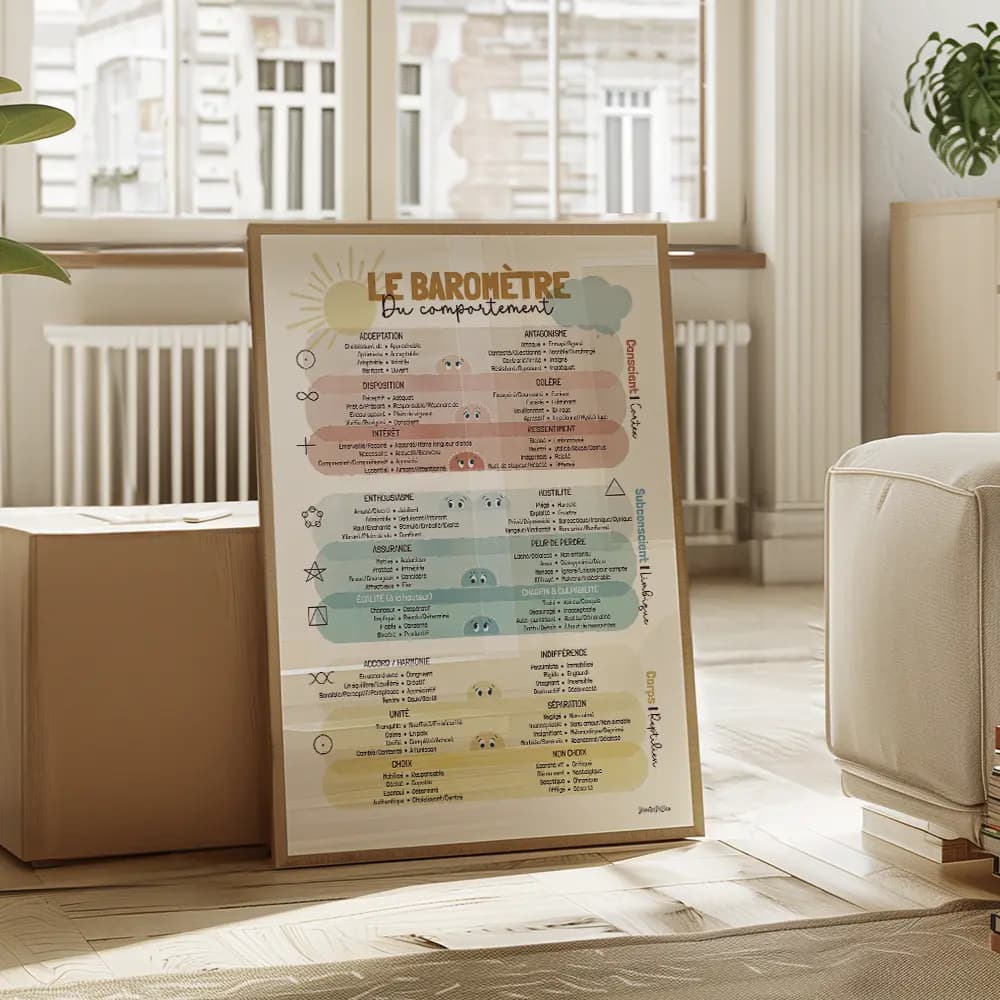 Baromètre du comportement multicolore intégrant les émotions, structuré en trois zones : conscient, subconscient et corps.