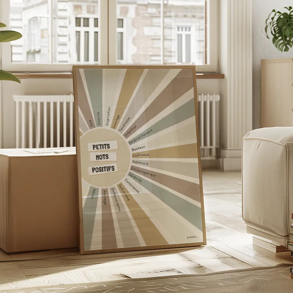 Dessin d'un soleil aux couleurs aquarelle dont chaque rayon coloré contient un mot positif.