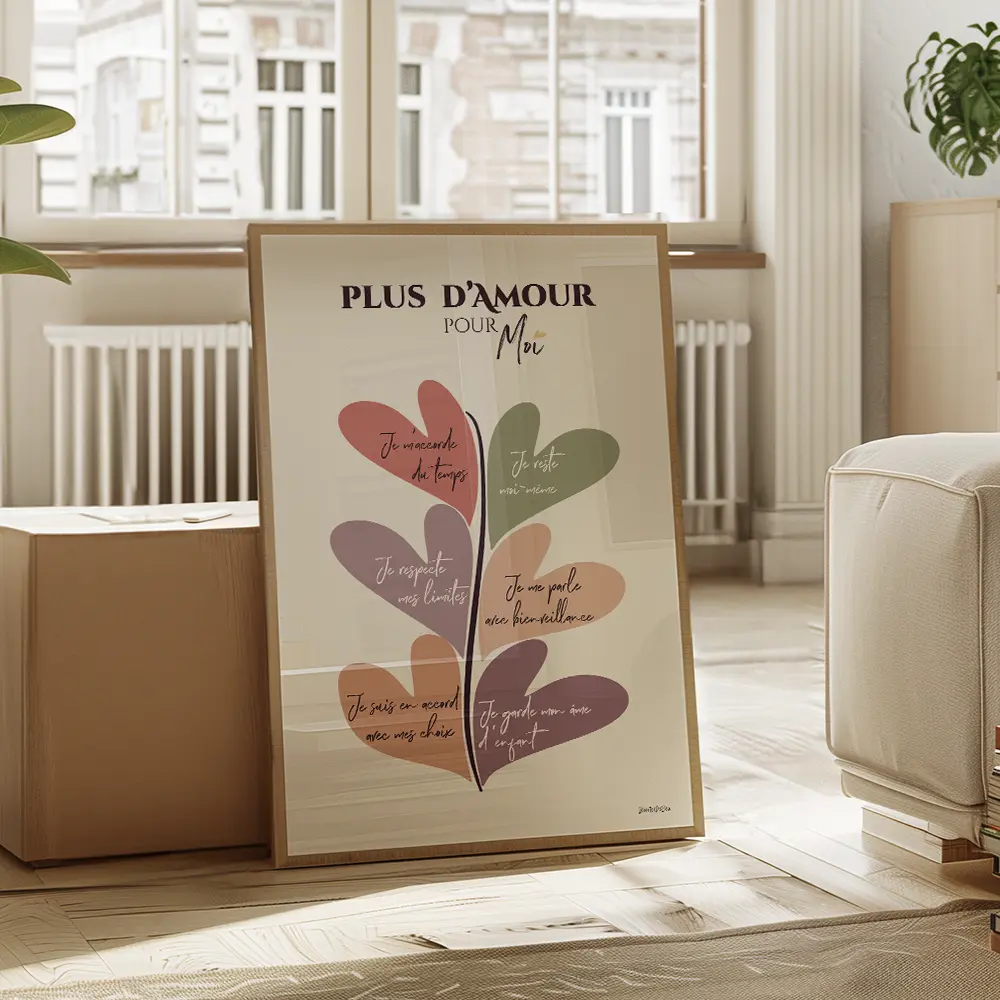 Plus d'amour pour moi Dessin abstrait d'une plante dont les feuilles, en forme de coeurs colorées, sont des affirmations positives.