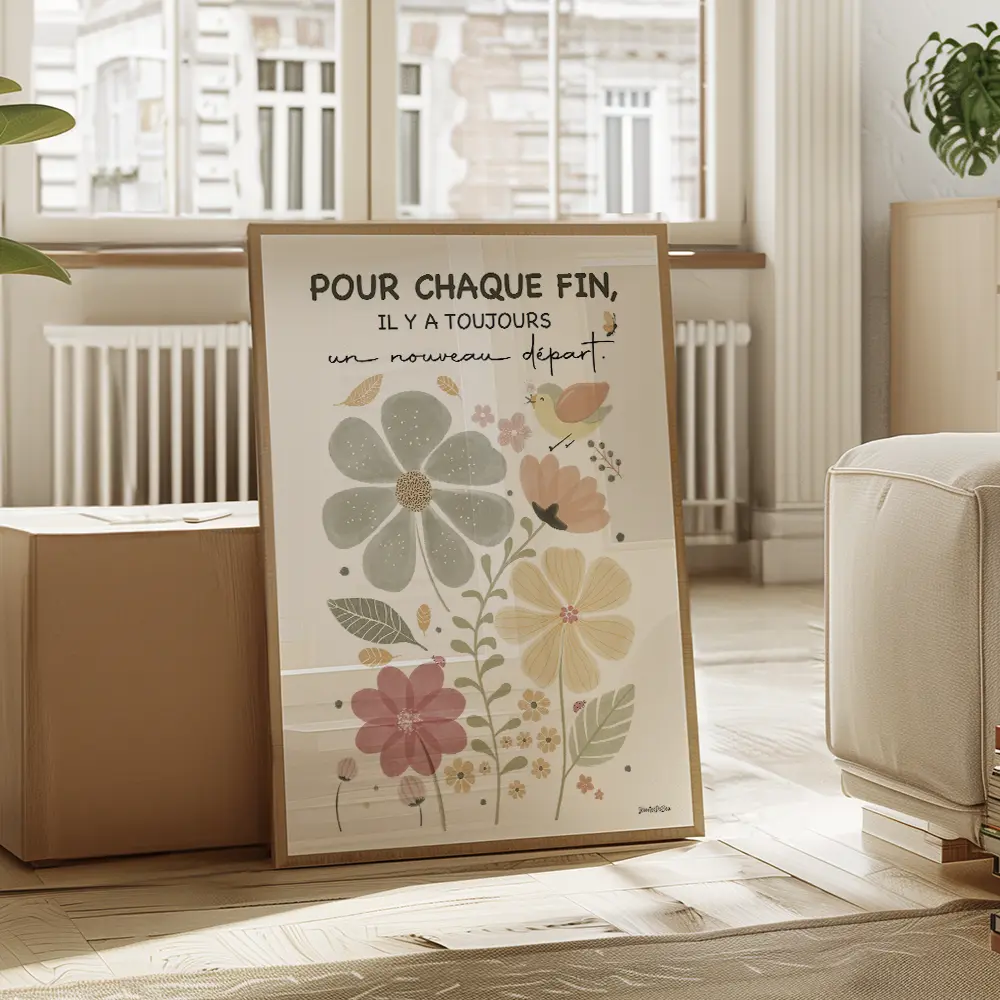 Illustration florale colorée avec fleurs, oiseau, papillon et plantes, avec la phrase : “Pour chaque fin, un nouveau départ.”