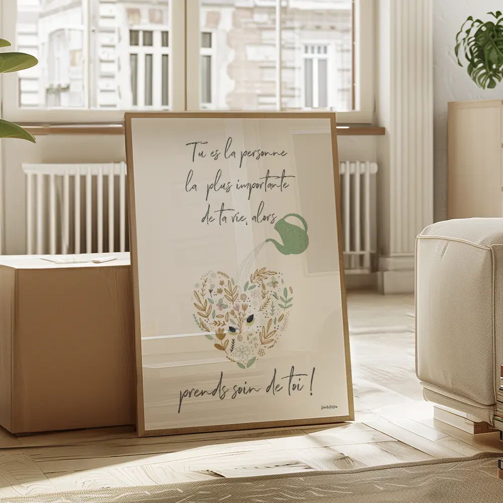 Tu es la personne la plus importante, alors, prends soin de toi ! Dessin d'un arrosoir qui arrose un cœur composé de fleurs et plantes
