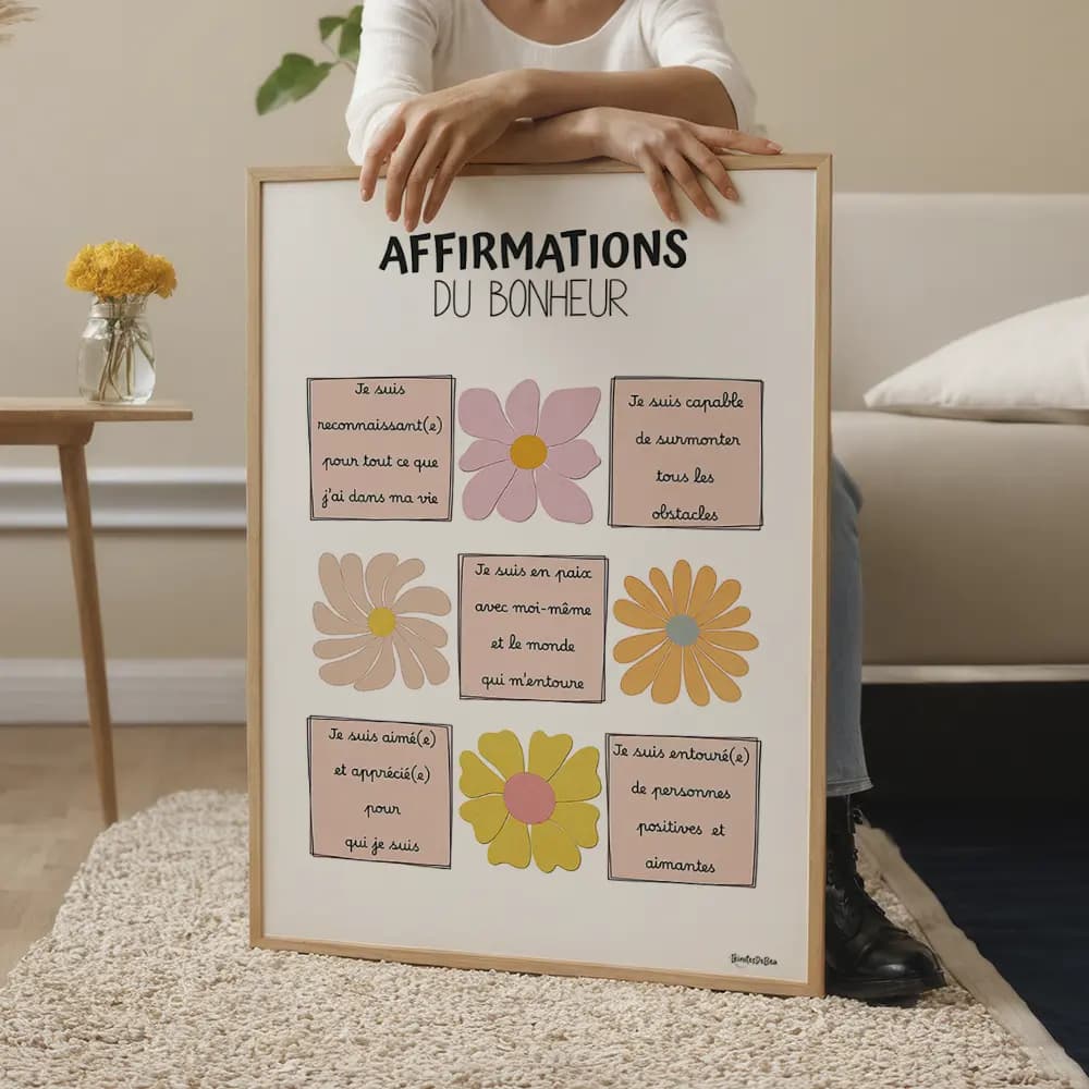Affirmations du bonheur Affiche composée de 5 cadres en quinconce beiges comportant des affirmations positives entourés de 4 fleurs colorées