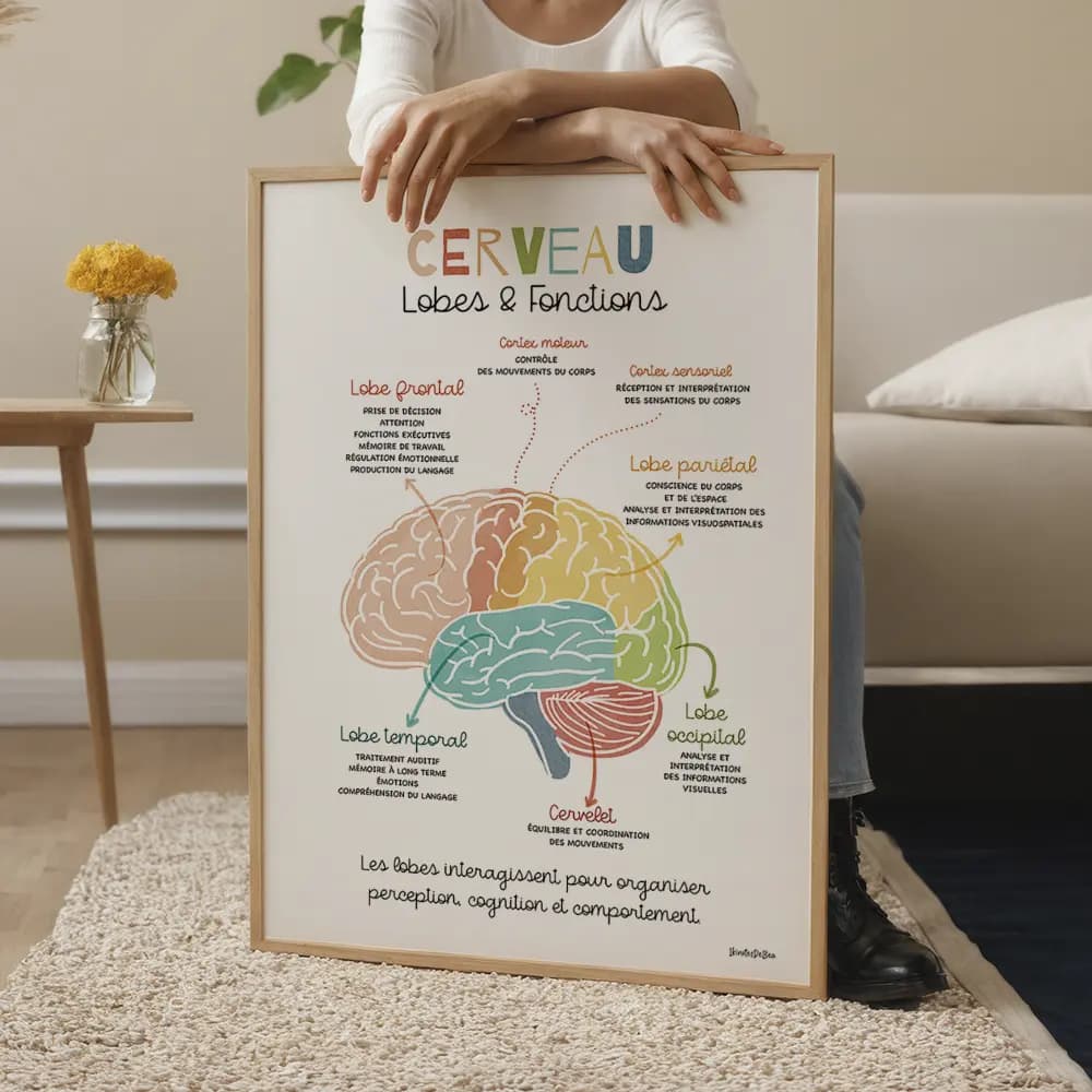 Illustration d’un cerveau multicolore montrant chaque lobes et ses fonctions, avec formes nettes et zones bien différenciées.