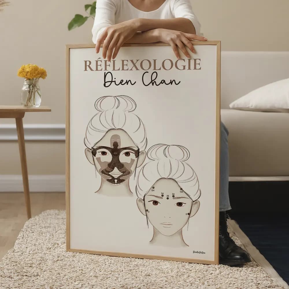 Réflexologie Dien Chan Visage de femme avec zones et points de réflexologie Dien Chan dessinés en tons doux pour guider la pratique.