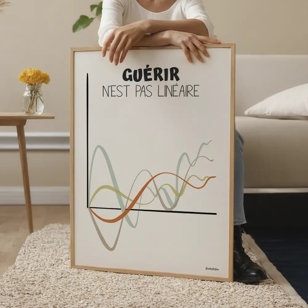 Dessin de plusieurs courbes irrégulières aux couleurs sunshine dans un graph avec en légende le message "Guérir n'est pas linéaire"