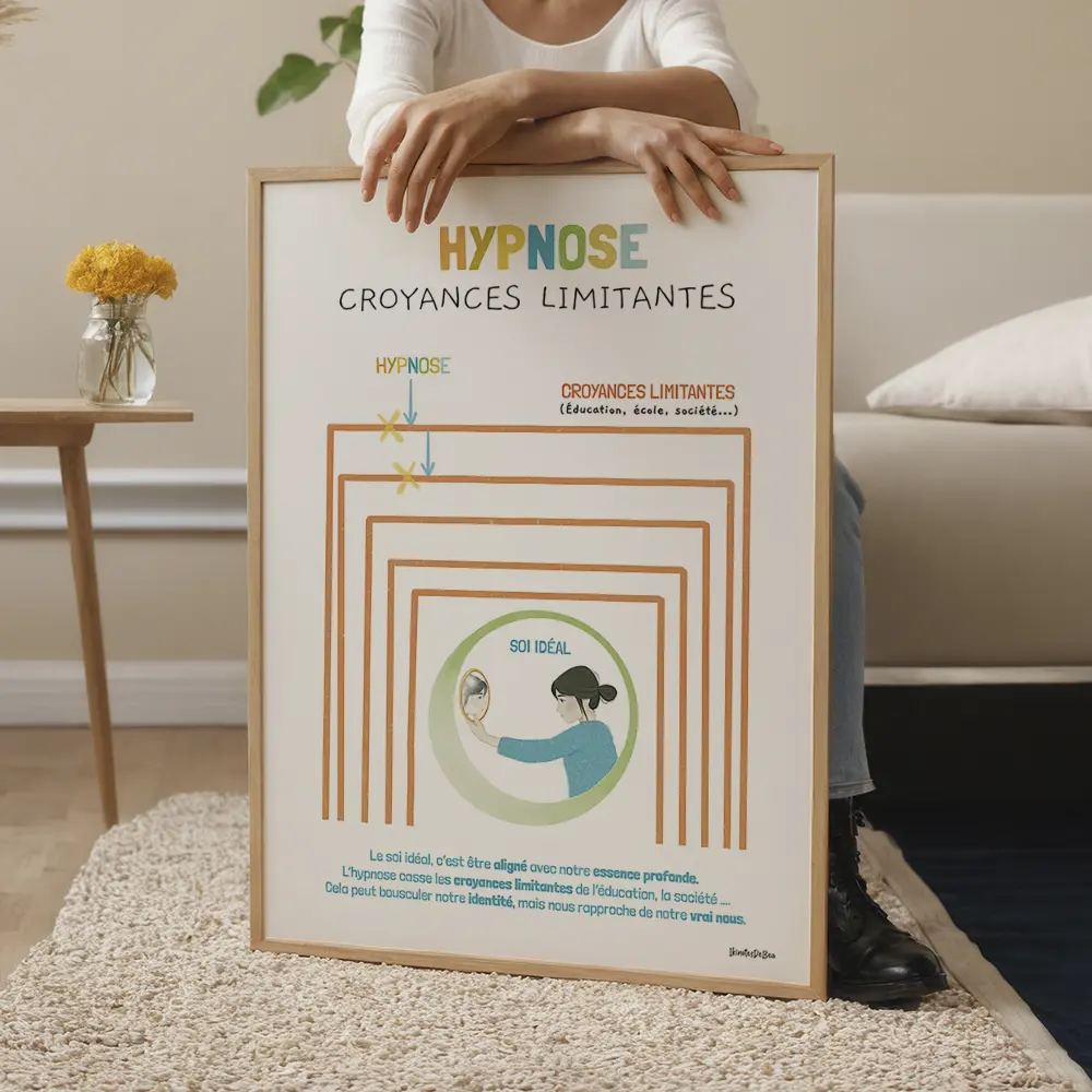 Hypnose et croyances limitantes Personne face à un miroir, entourée de cadres barrés symbolisant des croyances limitantes effacées par l’hypnose.