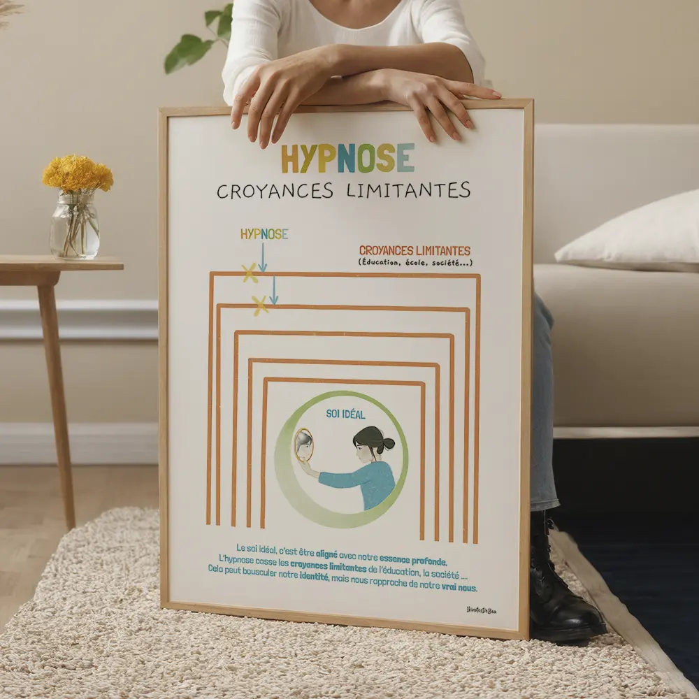 Personne face à un miroir, entourée de cadres barrés symbolisant des croyances limitantes effacées par l’hypnose.