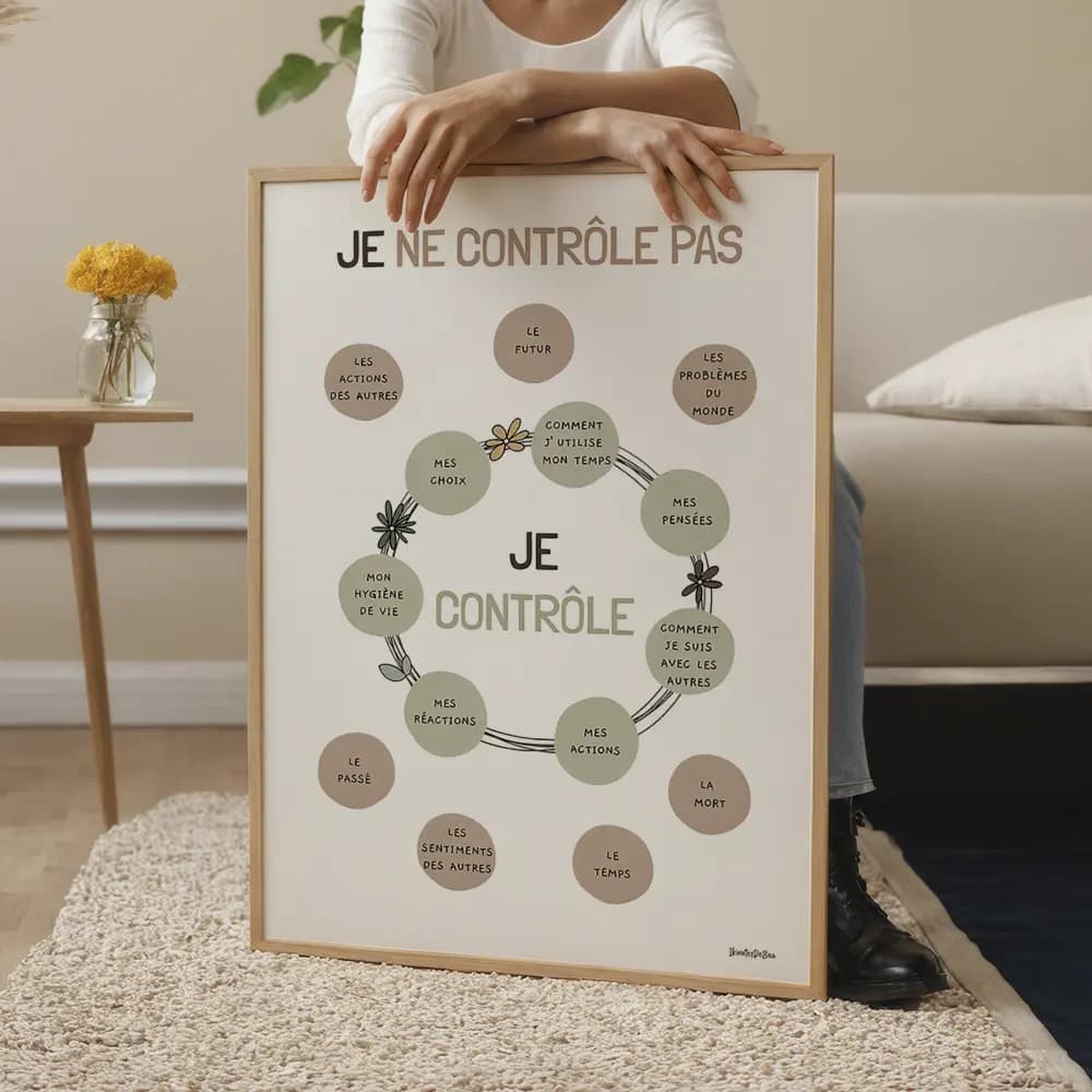 Dessin de sphères au centre contenant des chose que l'on peut contrôler et d'autre à l'extérieur non contrôlables