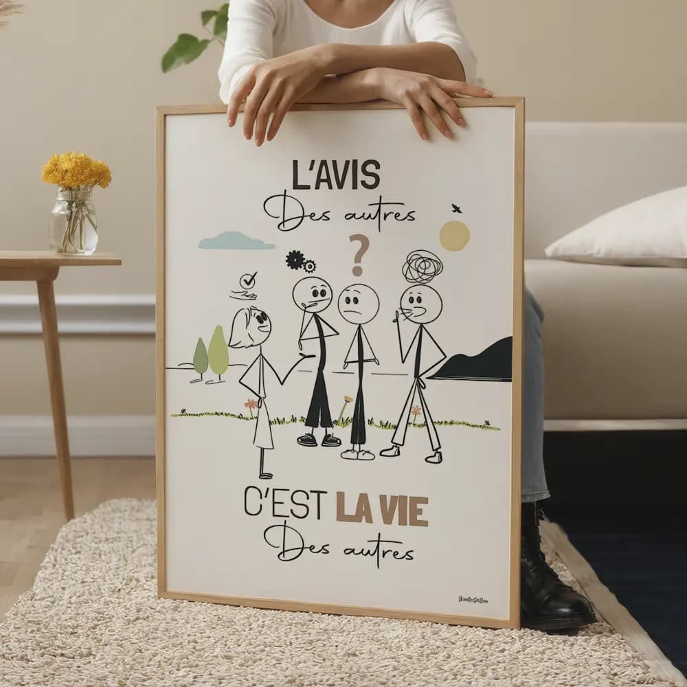 L'avis des autres, c'est la vie des autres Dessin minimaliste de personnages se questionnant les un les autres