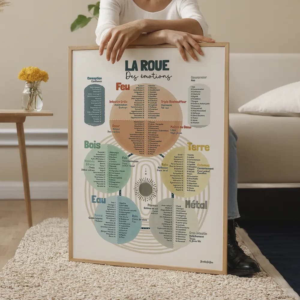 Cinq roues des émotions multicolores, chacune inspirée d’un élément : feu, terre, eau, métal et bois.