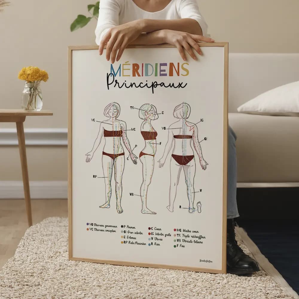 Dessin d'une femme vue de face, profil et dos avec les lignes et points des principaux méridiens