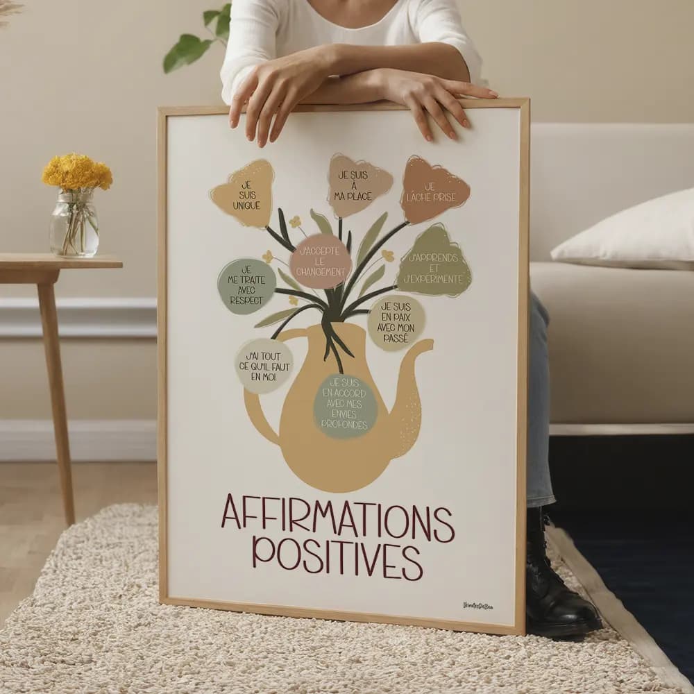 Affirmations positives Dessin d'un ressemblant à une théière remplis de fleurs comportant chacune une affirmation positive
