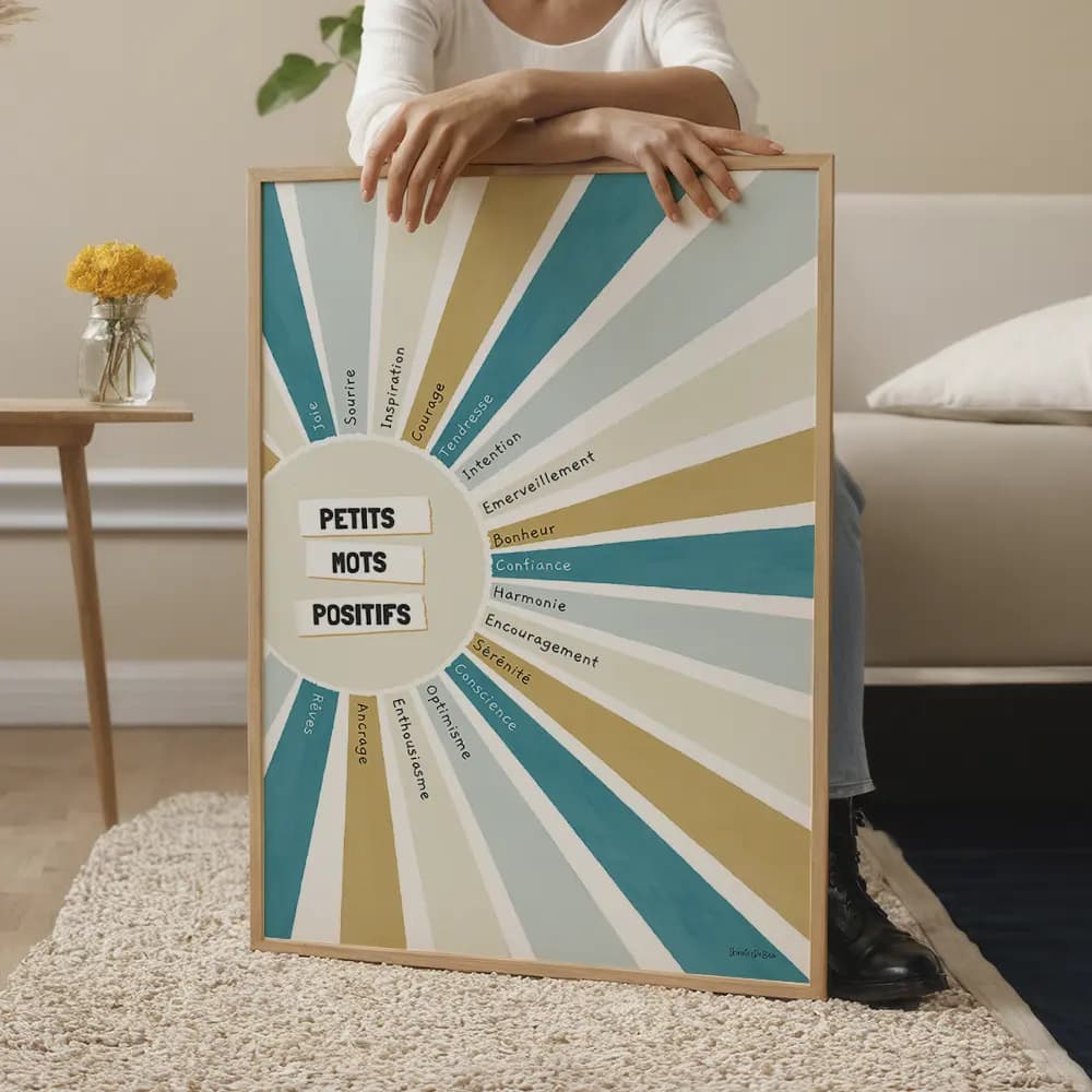 Dessin d'un soleil aux couleurs aquarelle dont chaque rayon coloré contient un mot positif.