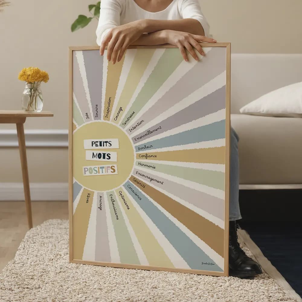 Petits mots positifs Dessin d'un soleil aux couleurs pastels dont chaque rayon coloré contient un mot positif.