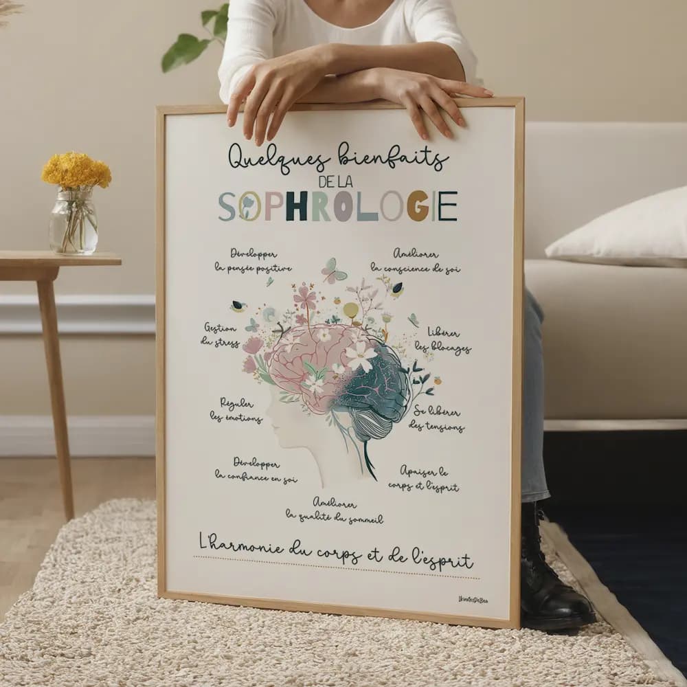 Dessin d'un visage surmonté d'un cerveau fleuri listant les bienfait de la sophrologie