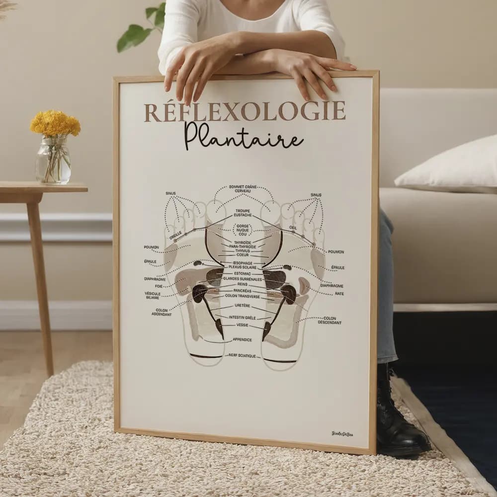 Réflexologie plantaire Schéma des pieds montrant les zones réflexes, les organes associés et les émotions liées.