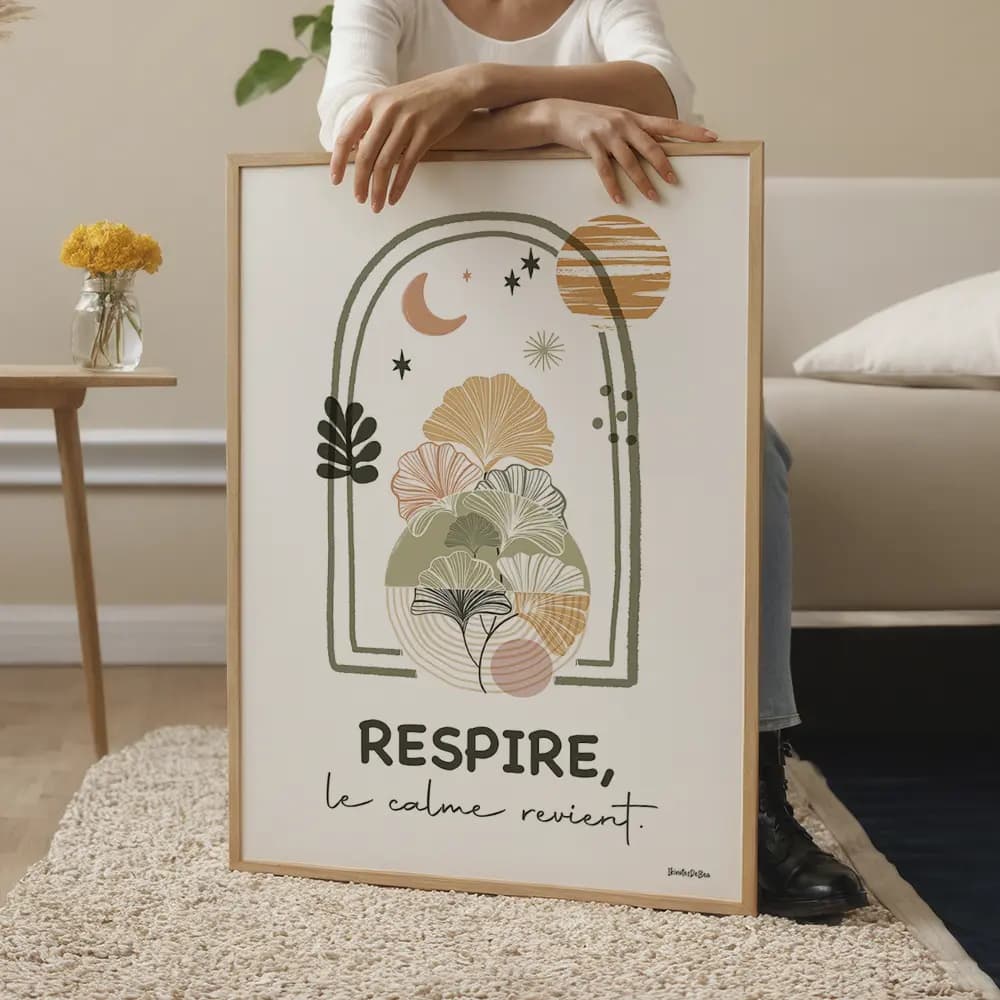 Abstrait : fenêtre, soleil doux, ginkgo et formes colorées. Au centre, un cercle apaise : “Respire, le calme revient.”