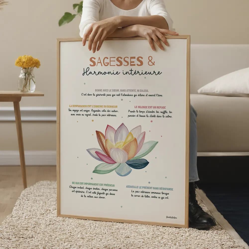 Dessin coloré d'un lotus au centre entouré de conseils de sagesse