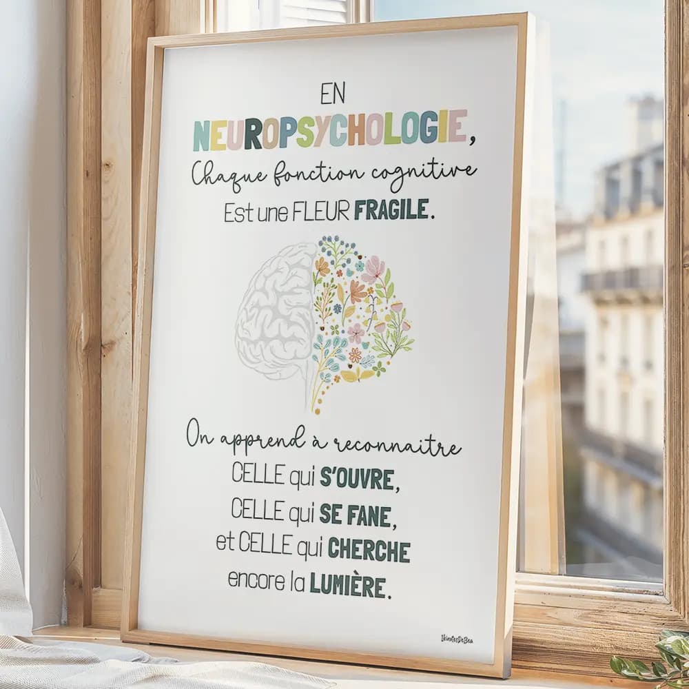 Illustration d’un cerveau formé de fleurs multicolores, accompagnant une citation inspirante de neuropsychologie.
