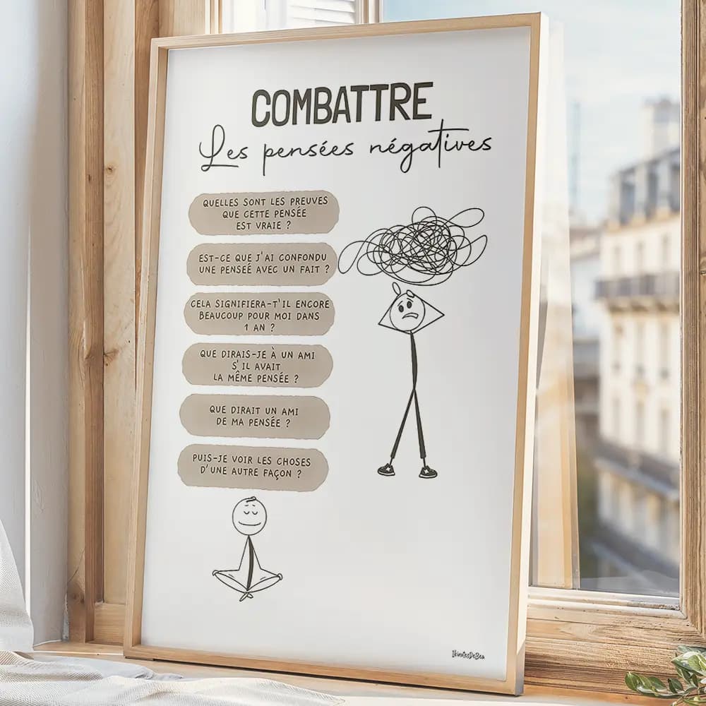 Combattre les pensées négatives Dessins minimaliste de deux bonhommes bâtons l'un a des pensées négatives l'autre une liste de questions pour les combattre