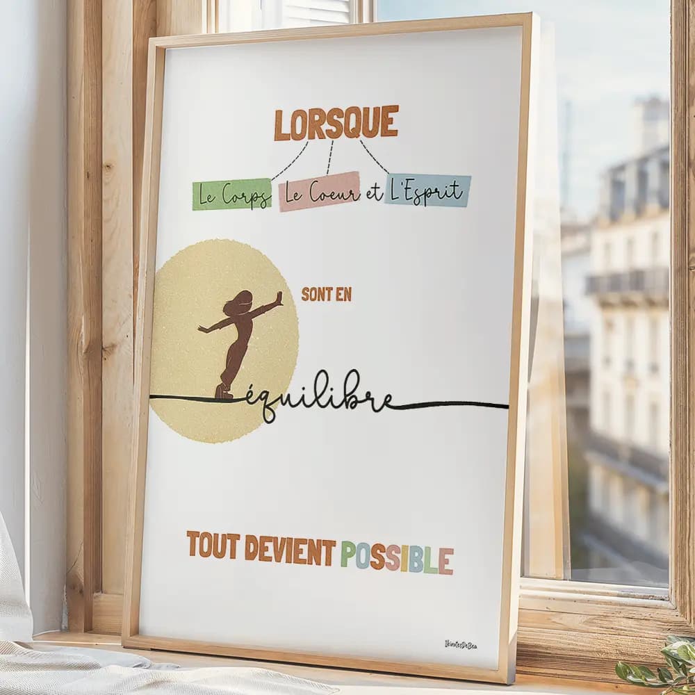 Lorsque le corps, le cœur et l'esprit sont en équilibre, tout devient possible Dessin d'une silhouette de femme marchant sur un fil qui écrit le mot équilibre