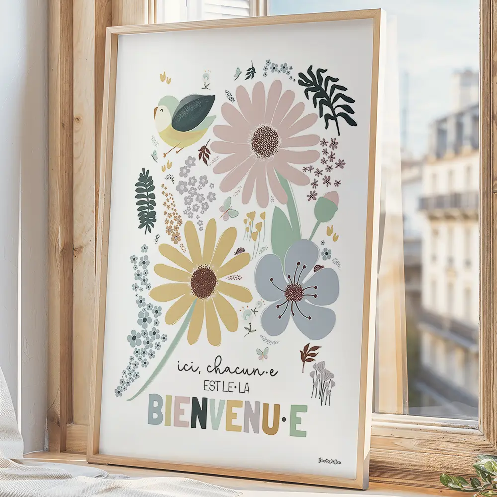 Ici, chacun est le bienvenu Dessin d'une composition florale autour du message « Ici, chacun est le bienvenu »