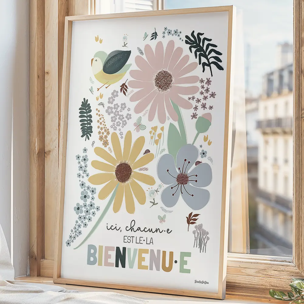 Dessin d'une composition florale autour du message « Ici, chacun est le bienvenu »