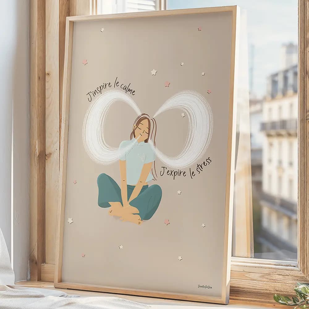 J'inspire le calme, j'expire le stress Dessin d'une femme assise en tailleur devant un signe de l'infini blanc représentant sa respiration