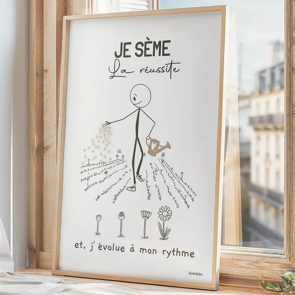 Je sème la réussite Dessin au trait d'un bonhomme bâton avec un arrosoir dans sa main gauche et qui sème des graines de fleurs dans un champs de l'autre main