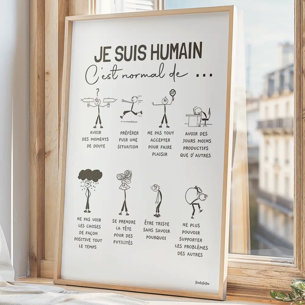 Je suis humain, c'est normal de ... Huit dessins humoristiques au trait noir de bonhommes bâton disposés en deux colonnes illustrant chacun des caractéristiques humaines