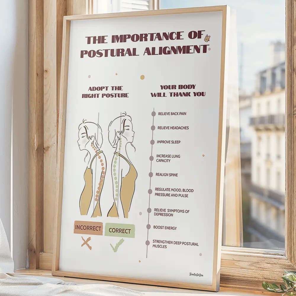 The importance of postural alignment Infographie qui montre une fille dans deux postures différentes et explique la posture idéale en anglais