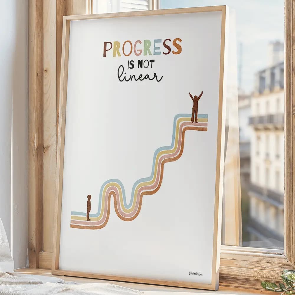 Progress is not linear Dessin en anglais d'une courbe arc-en-ciel montrant que le progrès n'est pas linéaire