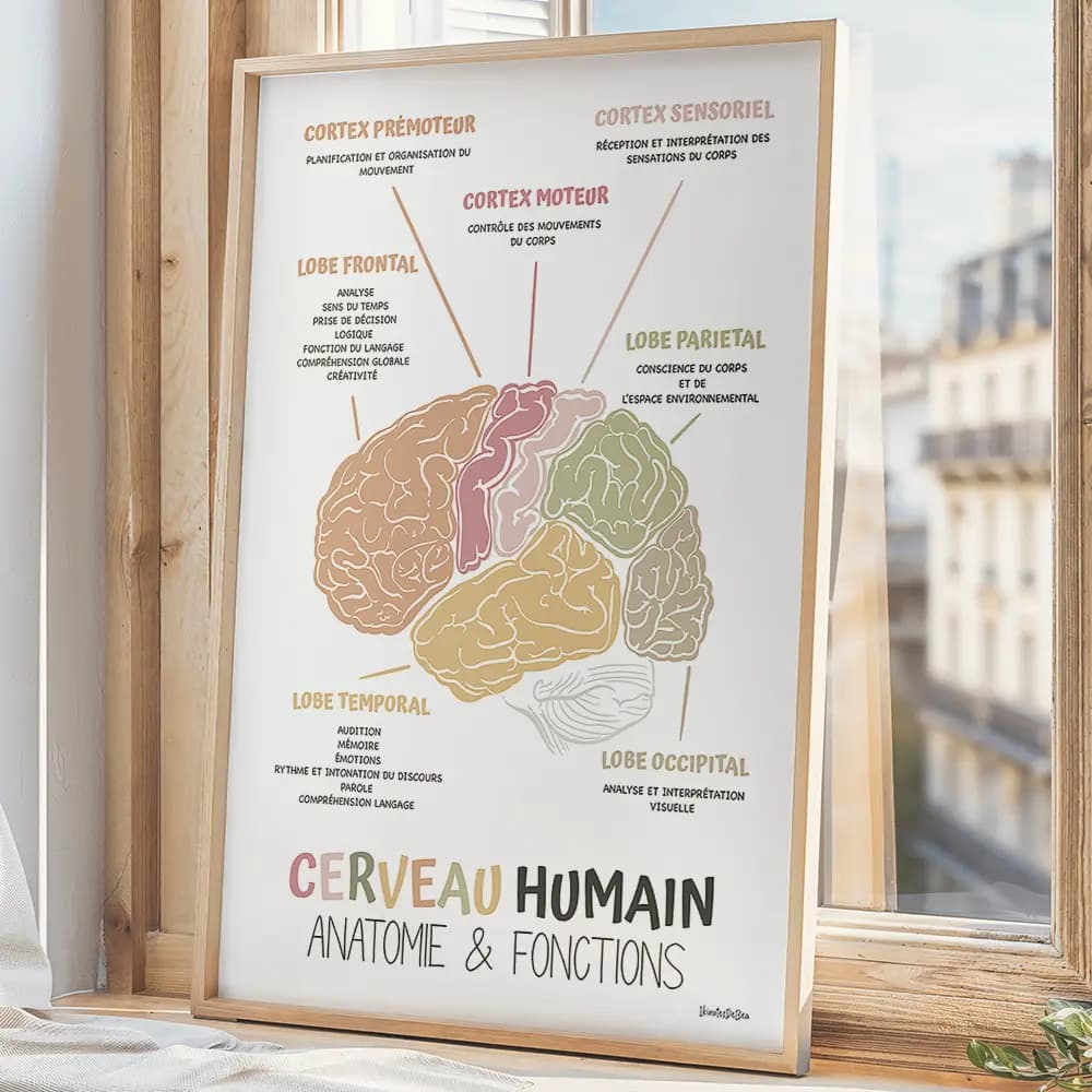 Affiche Anatomie cerveau en français, Décor bureau de thérapie, Art mural Cerveau humain Conseiller scolaire, Ergothérapie et Psychologie