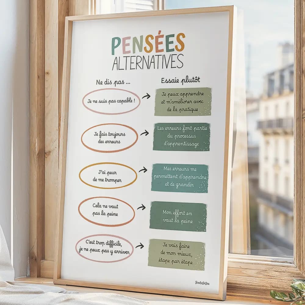 Pensées alternatives Infographie composée de bulles de texte colorées dans le style d'une bande dessinées avec les affirmation qu'il est plus motivant de dire