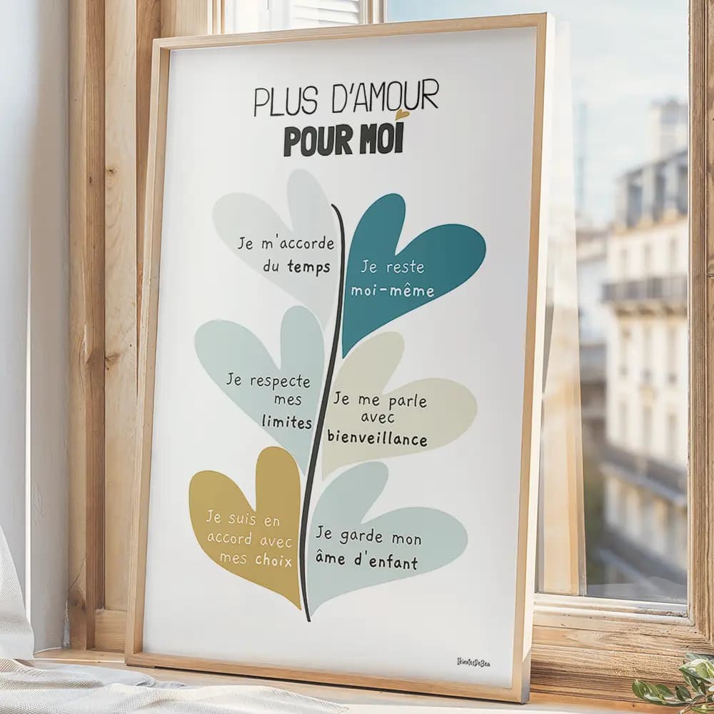 Dessin abstrait d'une plante dont les feuilles, en forme de coeurs colorées, sont des affirmations positives.