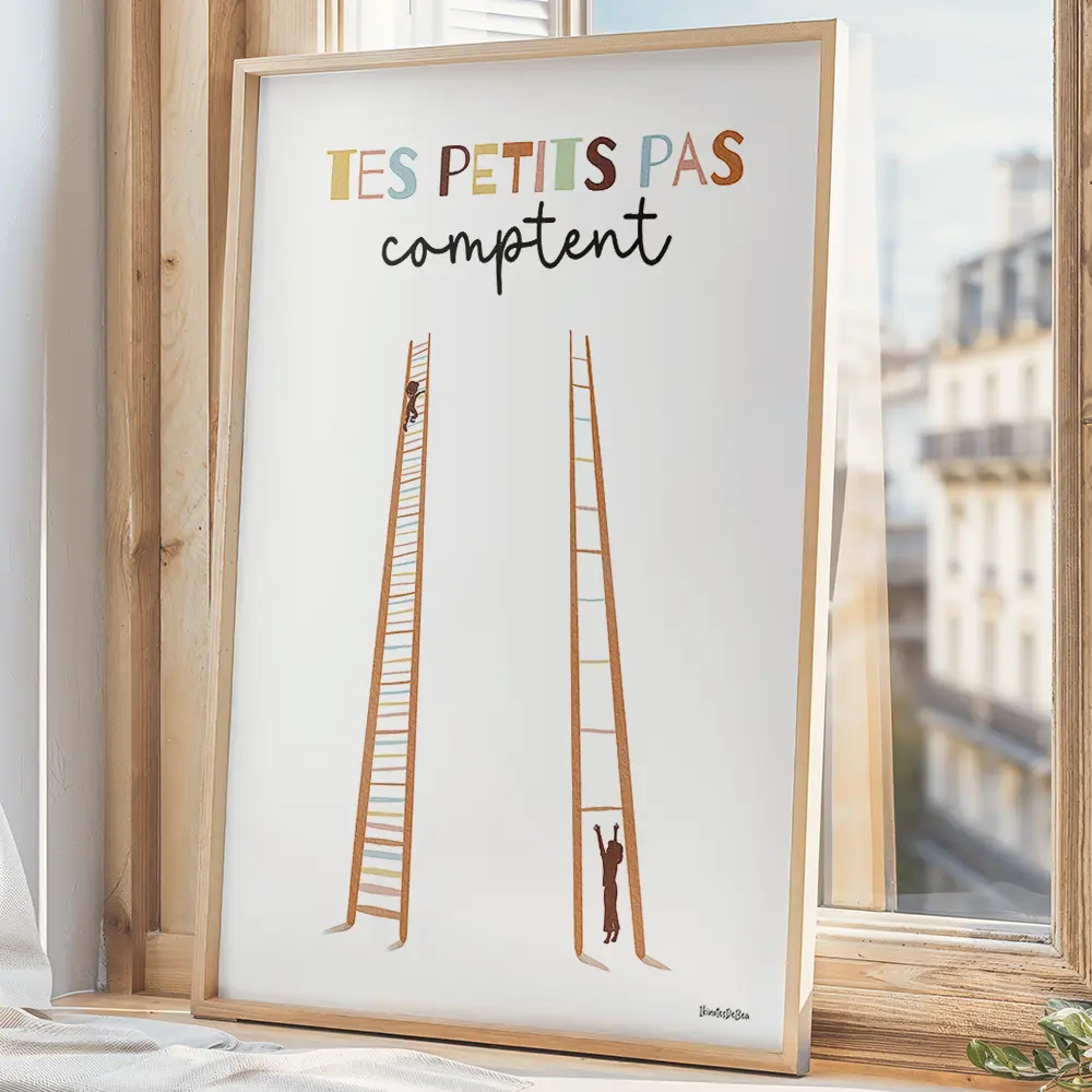 Tes petits pas comptent Deux échelles : l’une serrée, l’autre espacée, avec deux enfants grimpant à des niveaux différents.