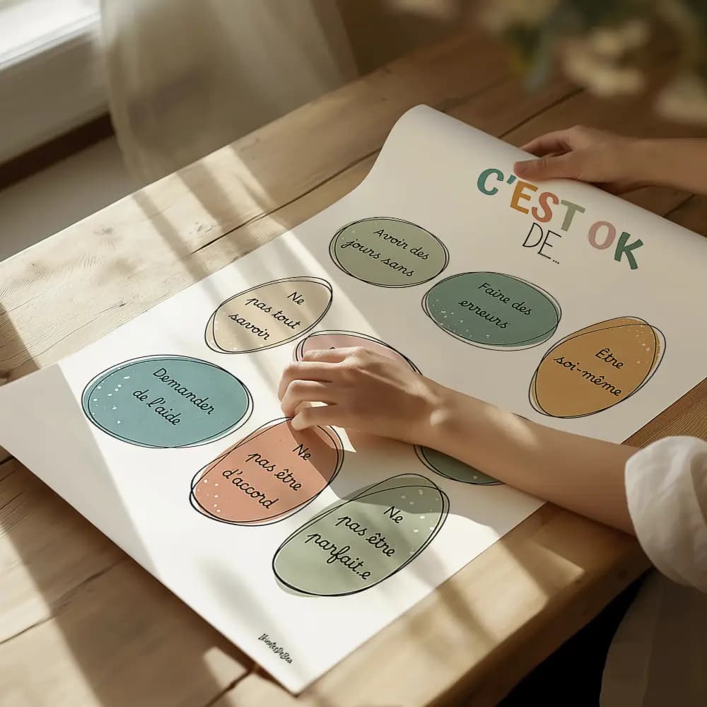 C'est OK de … Infographie composée de 9 ovales irréguliers de couleur boho avec une liste de messages de ce qu'il est OK de faire