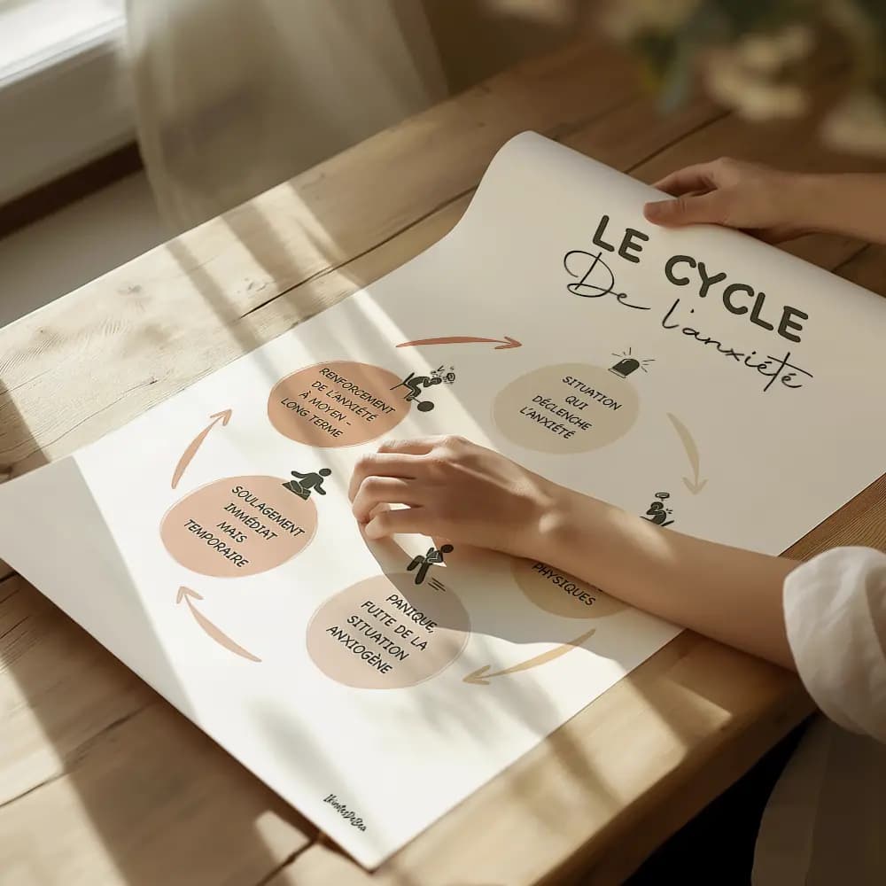 Dessin en cinq étapes du cycle de l'anxiété, chaque étape est définie dans un cercle contenant du texte et un petit pictogramme