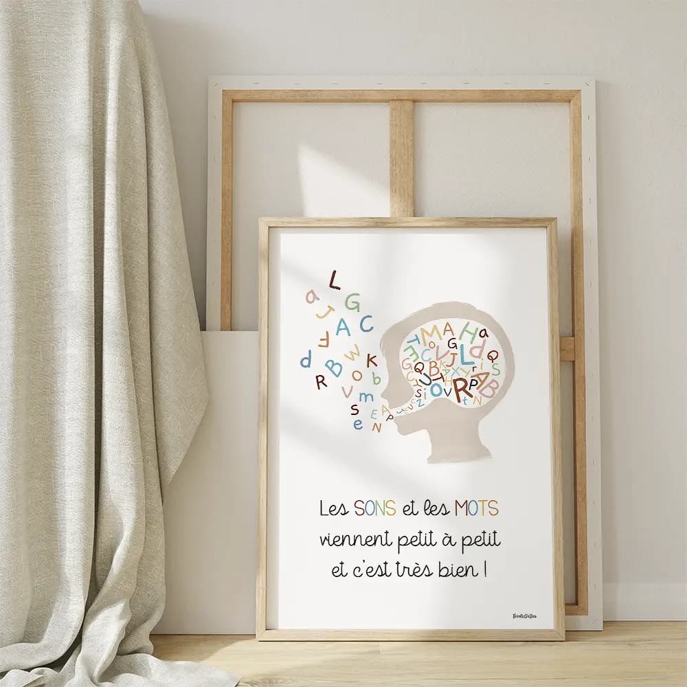 Les sons et les mots viennent petit à petit dessin d'une tête d'enfant contenant plein de lettre mélangées et qui sortent par sa bouche sous forme de mots