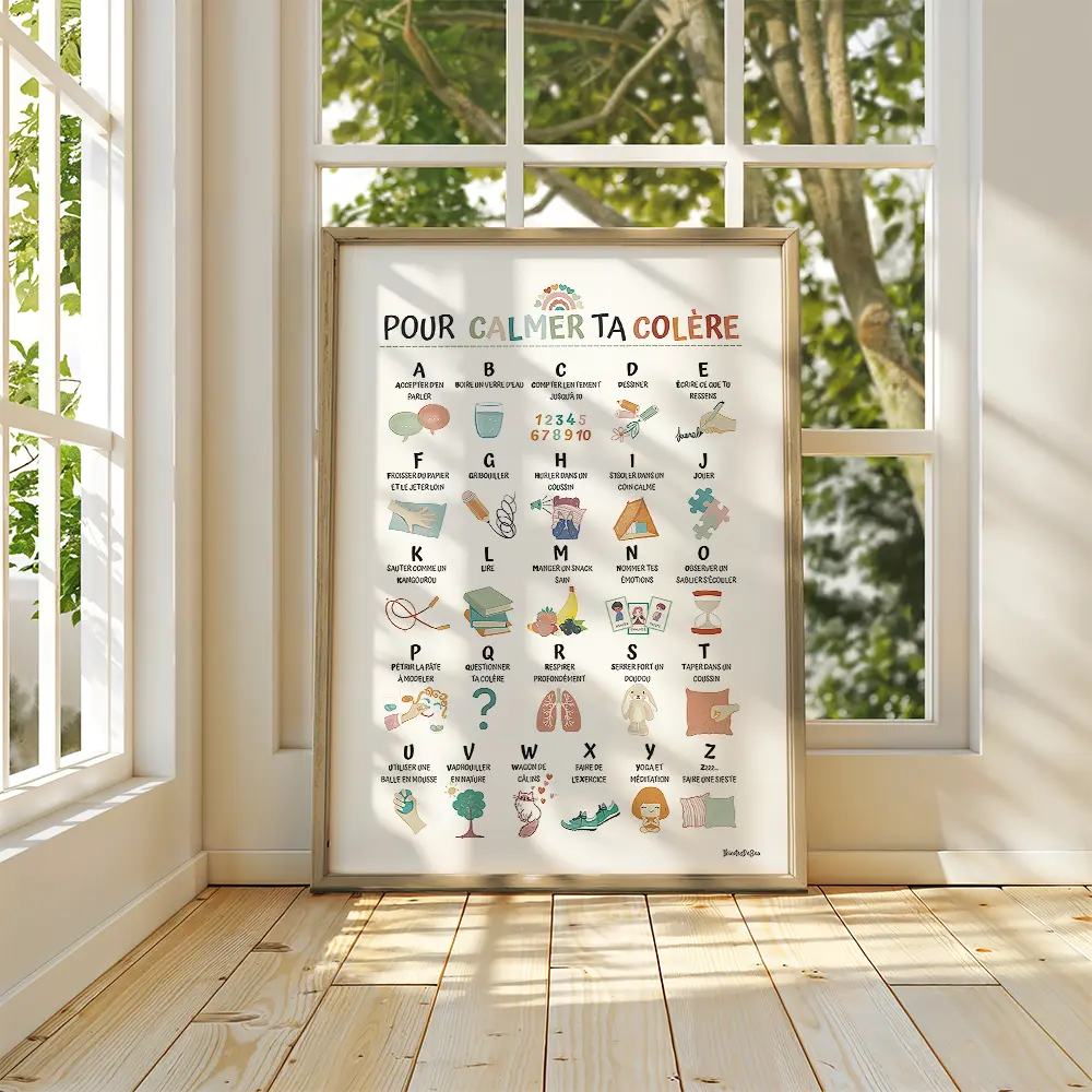 Pour calmer ta colère Alphabet auquel à chaque lettre est accompagné un dessin à la craie grasse coloré d'une technique pour calmer sa colère