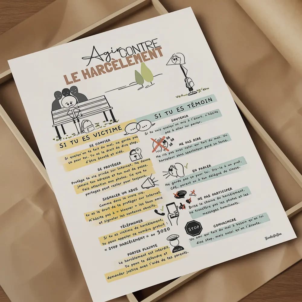 Affiche composée de dessins minimalistes qui explique comment agir contre le harcèlement