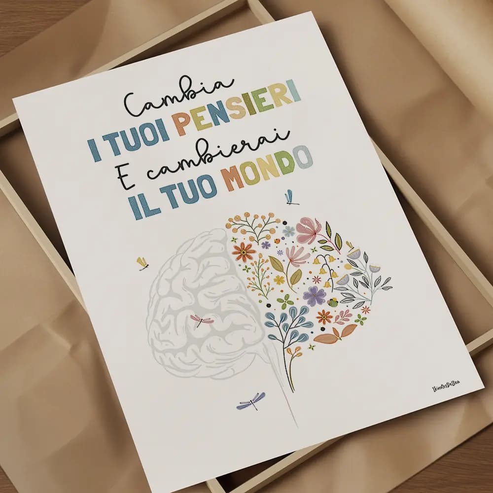 Cambia i tuoi pensieri e cambierai il tuo mondo Illustration d'un cerveau floral, ornée de fleurs et de libellules en italien