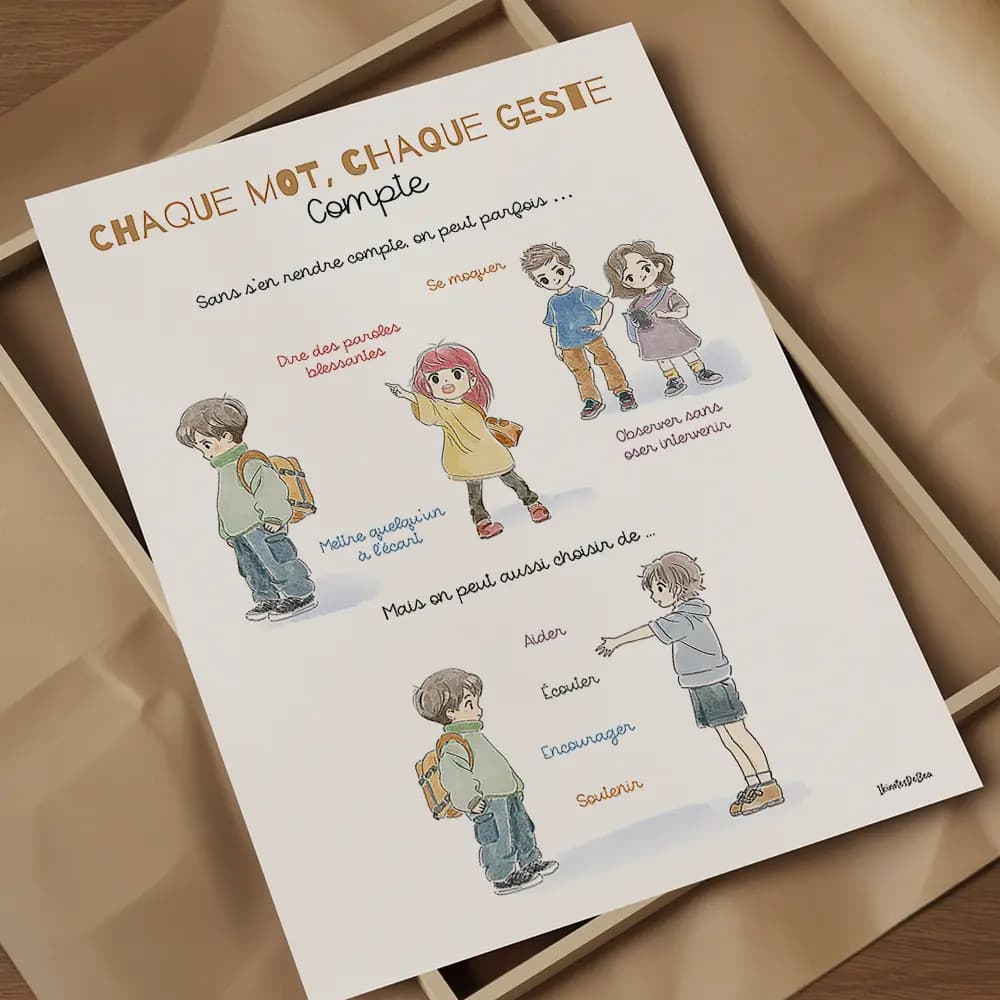 Chaque mot, chaque geste compte Affiche composée de dessins au style manga sur le sujet du harcèlement scolaire