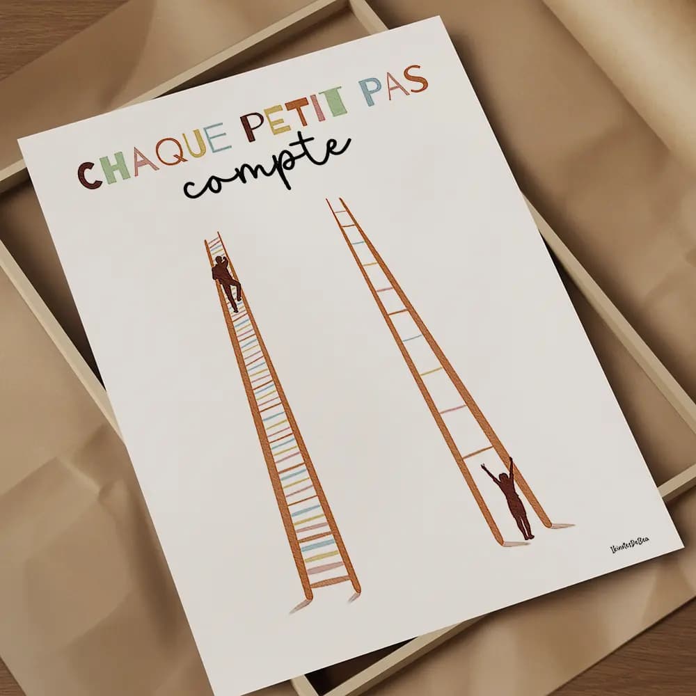Chaque petit pas compte Dessin de deux échelles l'une avec des barreaux beaucoup moins espacés que l'autre et deux silhouettes grimpant à une échelle