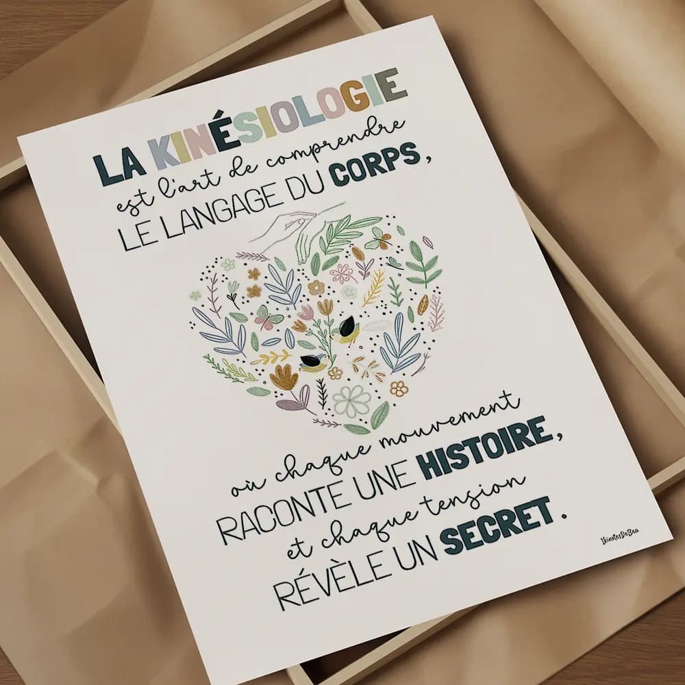 Citation sur la kinésiologie Dessin d'un cœur floral et de mains représentant la définition poétique de la Kinésiologie