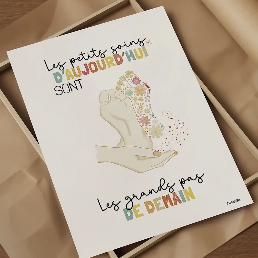 Les petits soins d'aujourd'hui sont les grands pas de demain Dessin de pied dont l'un est en fleurs soutenus par une main illustrant le soin du podologue