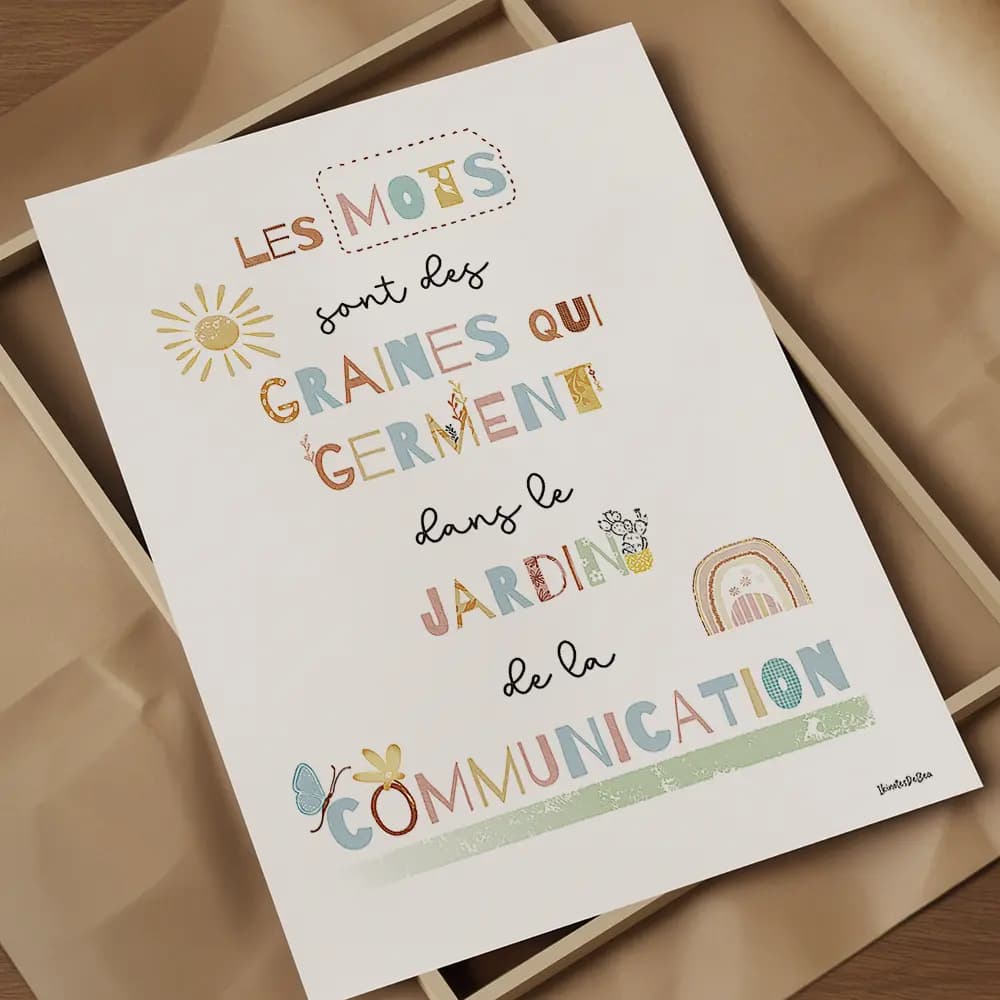 Les mots sont des graines qui germent dans le jardin de la communication Infographie colorée d'une citation sur les mots dont plusieurs lettres sont agrémentées de petits dessins mignons