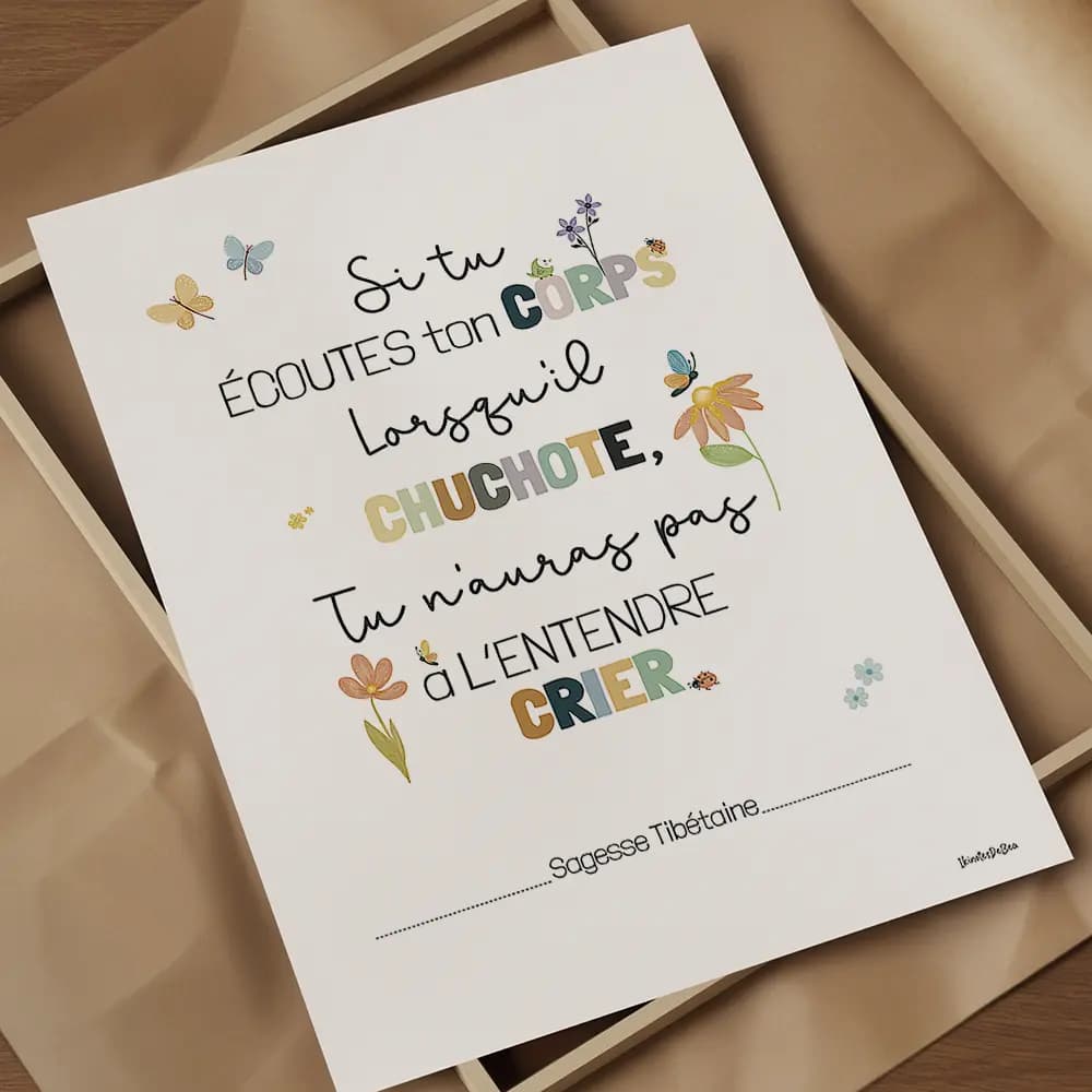 Si tu écoutes ton corps lorsqu'il chuchote, tu n'auras pas à l'entendre crier Citation colorée parsemée de fleurs et papillons mignons