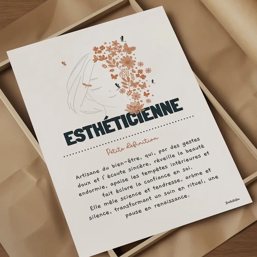 Dessin d’un visage féminin à moitié fleuri accompagné d’une définition poétique du métier d'esthéticienne