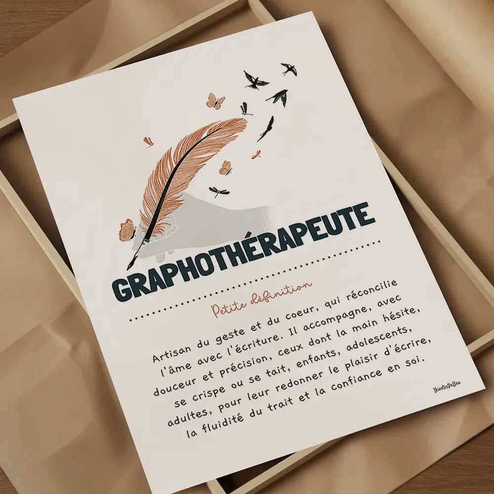 Définition graphothérapeute Dessin d'une main en noir et blanc qui tient une plume en couleur qui se termine en envolée d'oiseau pour graphothérapeute